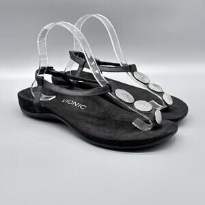 Vionic Sandals Womens 8 Black Silver Medallion Slingback Comfort Casual Shoes
